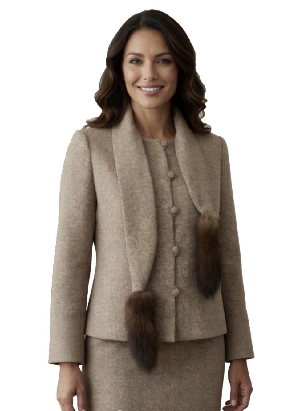 Vintage Claralura Original Herringbone Tweed Wool Real Fur Blazer Jacket Sweater
